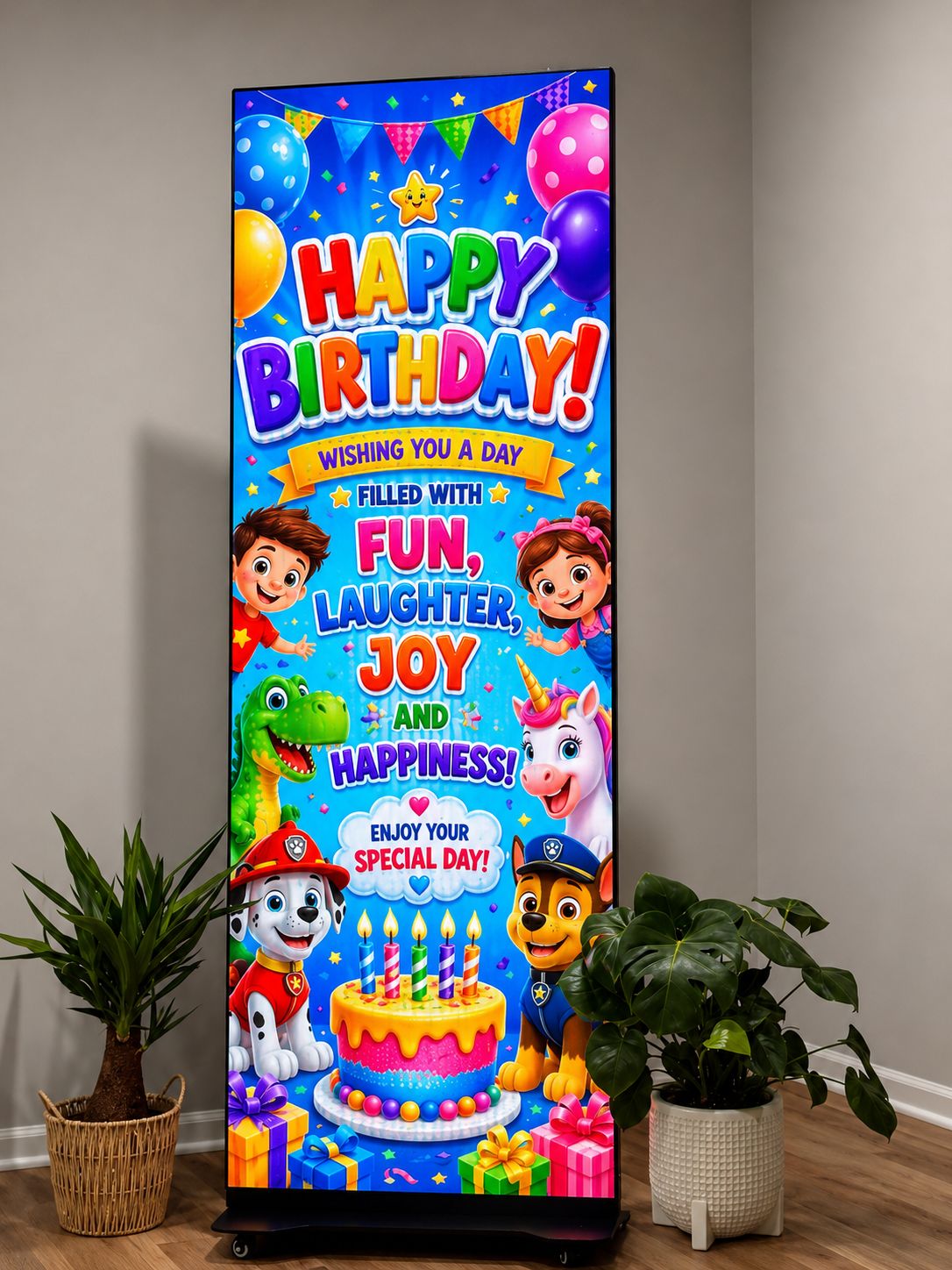 Detroit LED Co vertical LED display showing happy birthday celebration design