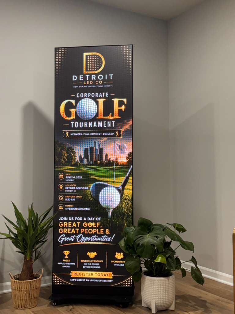 Detroit LED Co vertical LED display showing wedding welcome sign design